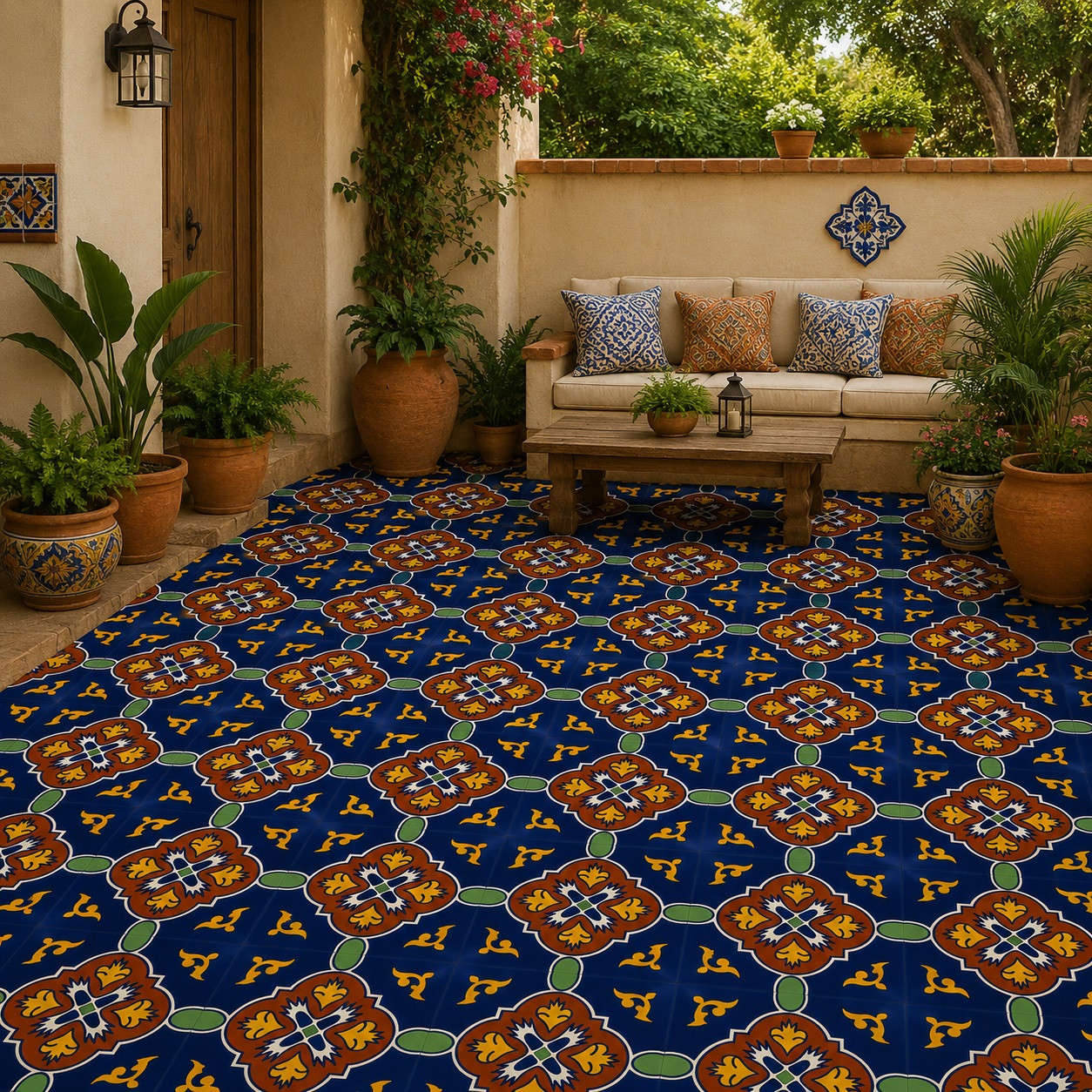 Mexican talavera tile wtih blue and yellow medallion pattern laid as a rustic floor arrangement in a hacienda patio