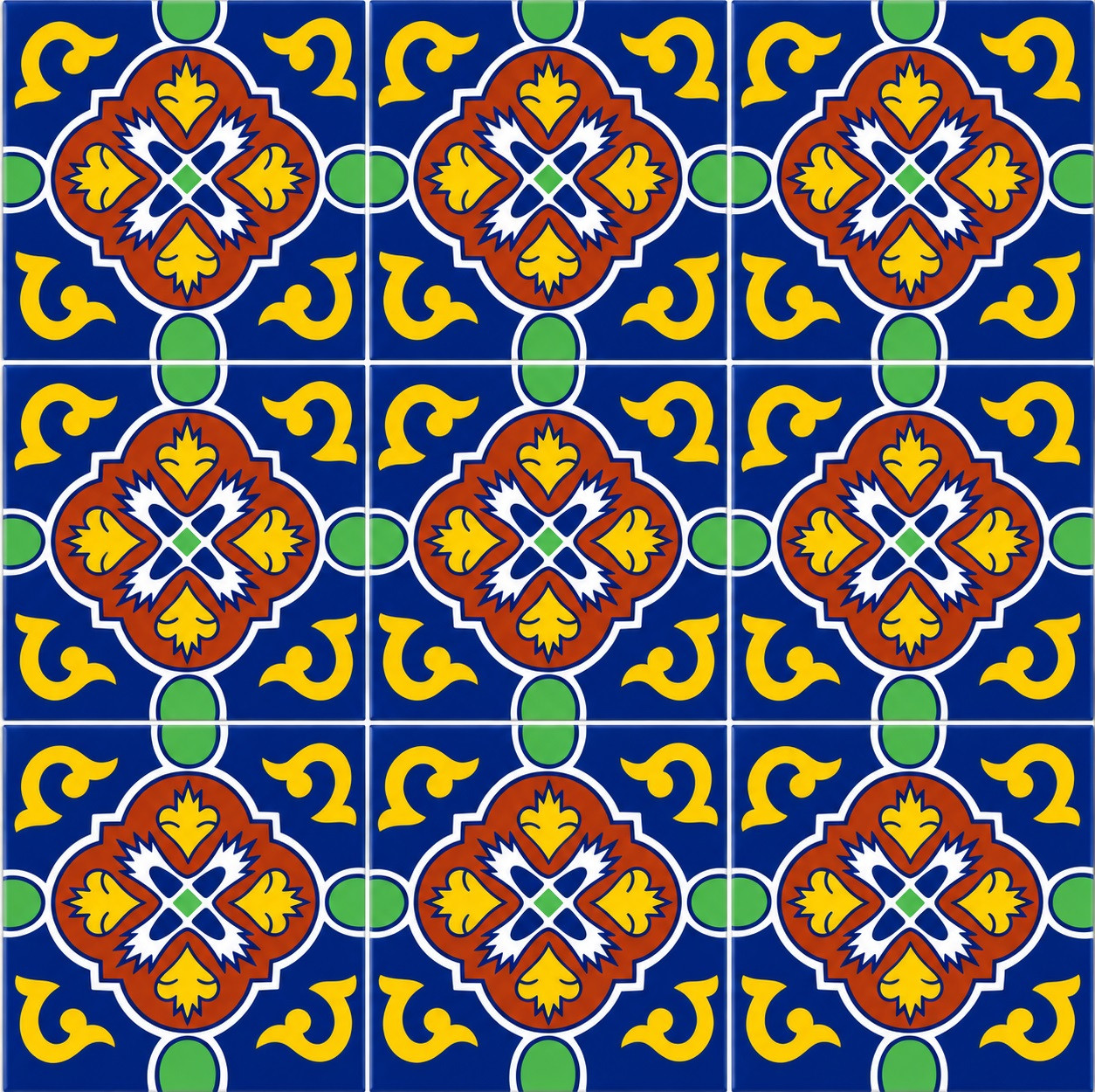 Mexican Talavera tile with a blue and yellow medallion pattern set closely together with light grout lines