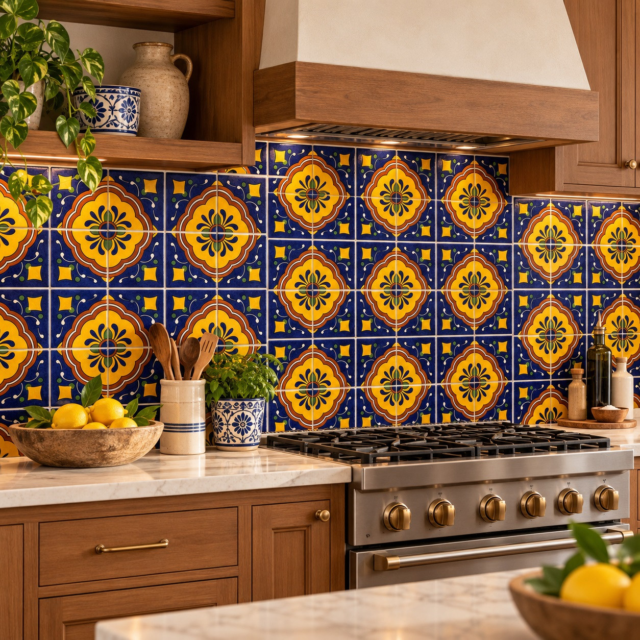 Mexican talavera tile yellow medallion in a colorful kitchen backsplash with rustic wood cabinetry.