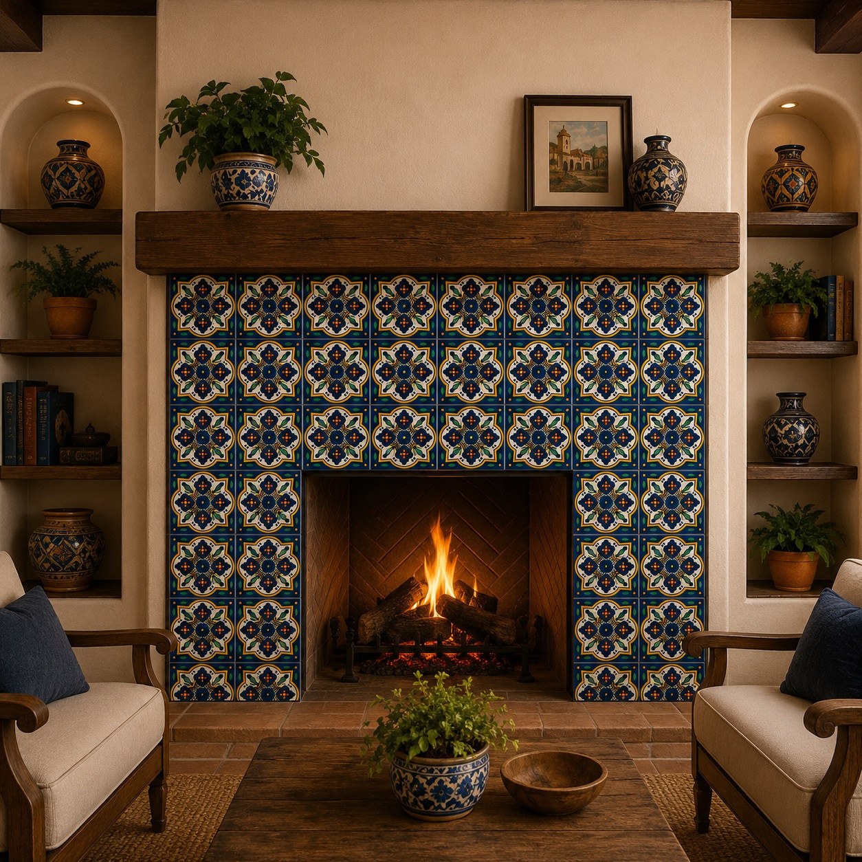 Cobalt terracotta lattice talavera tile decorating a fireplace surround in a bright, well-lit living room