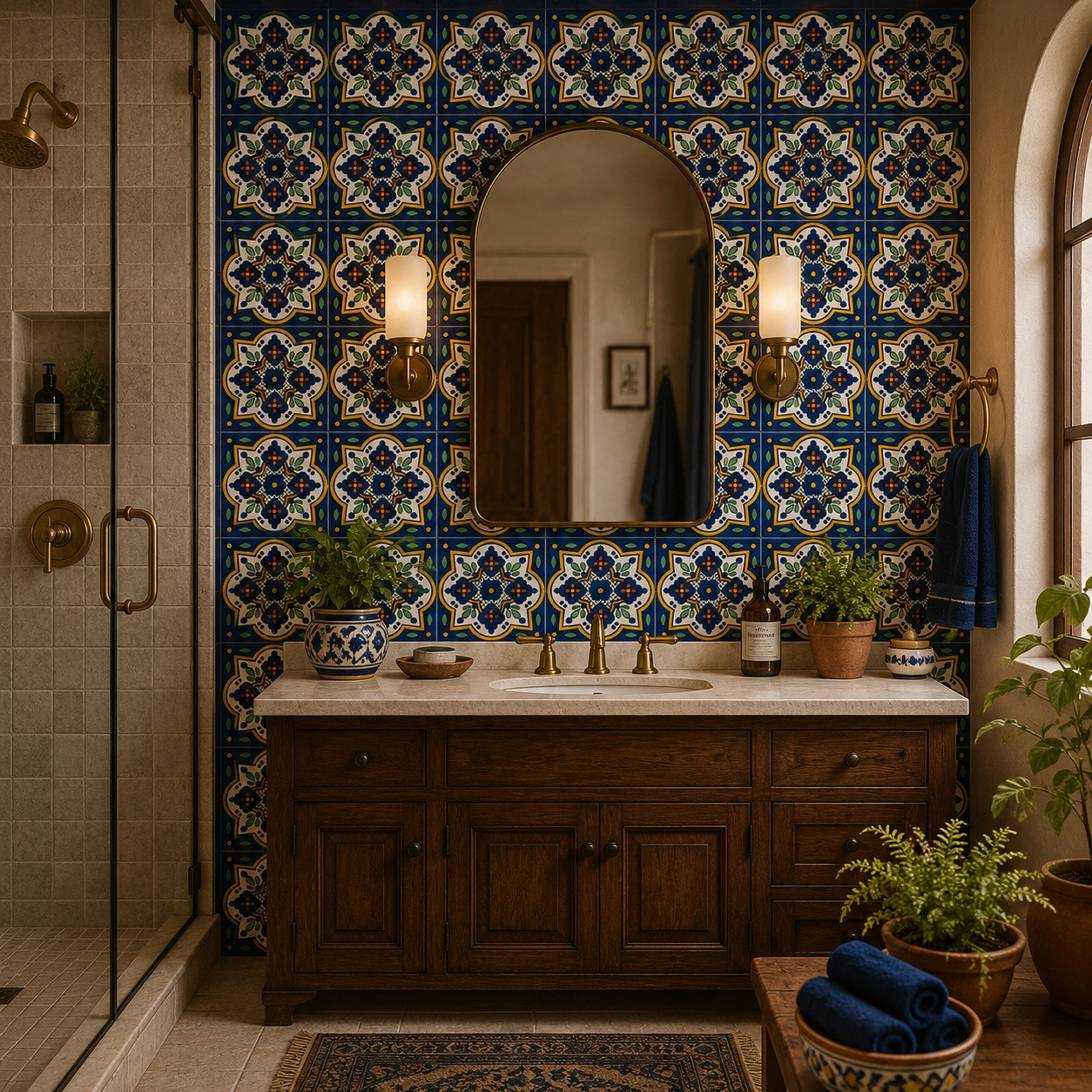 Cobalt terracotta lattice talavera tile used on a bathroom wall with natural light and artisan character