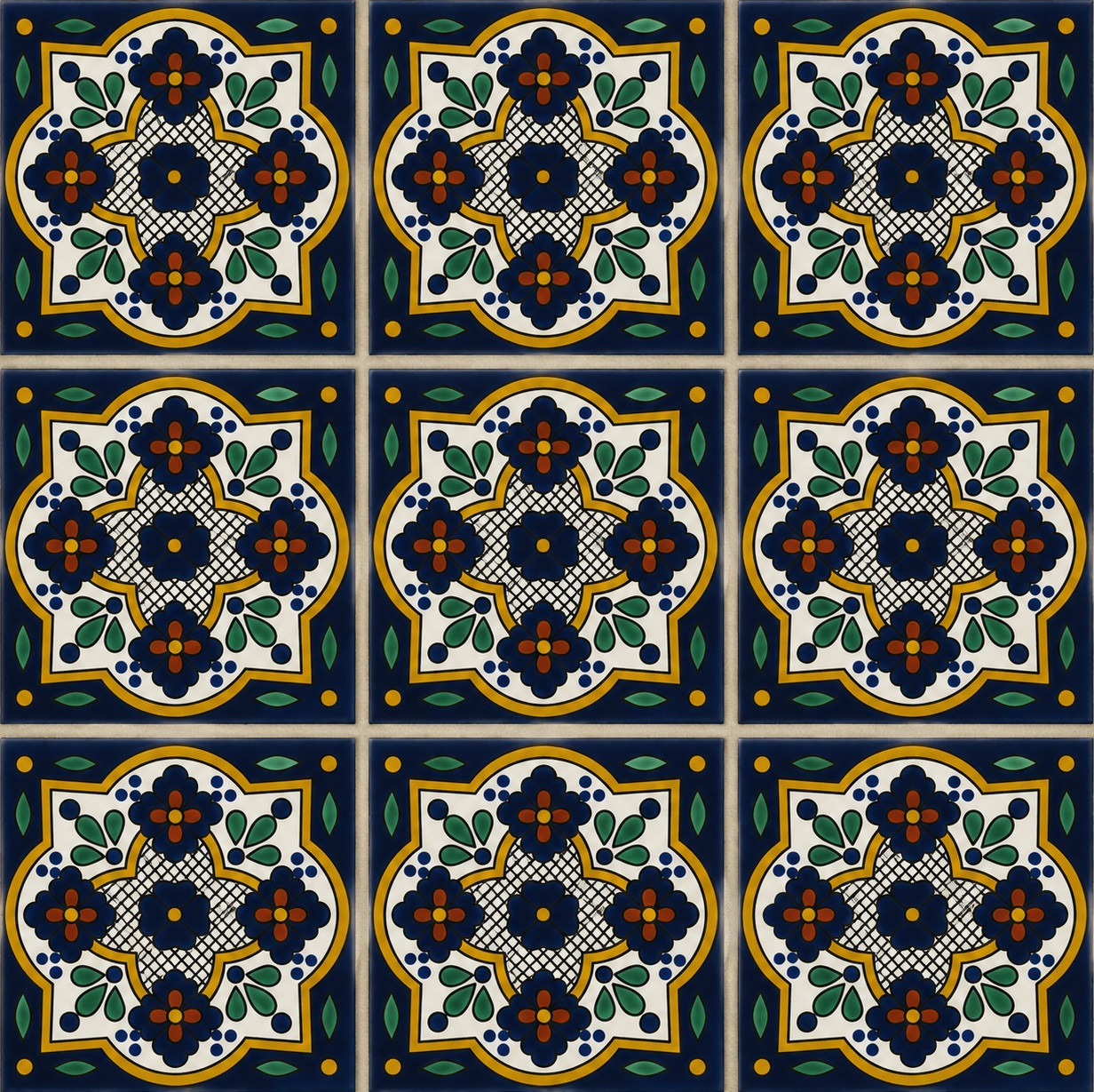 Cobalt terracotta lattice talavera tile shown in a 6-piece set with clear grout lines