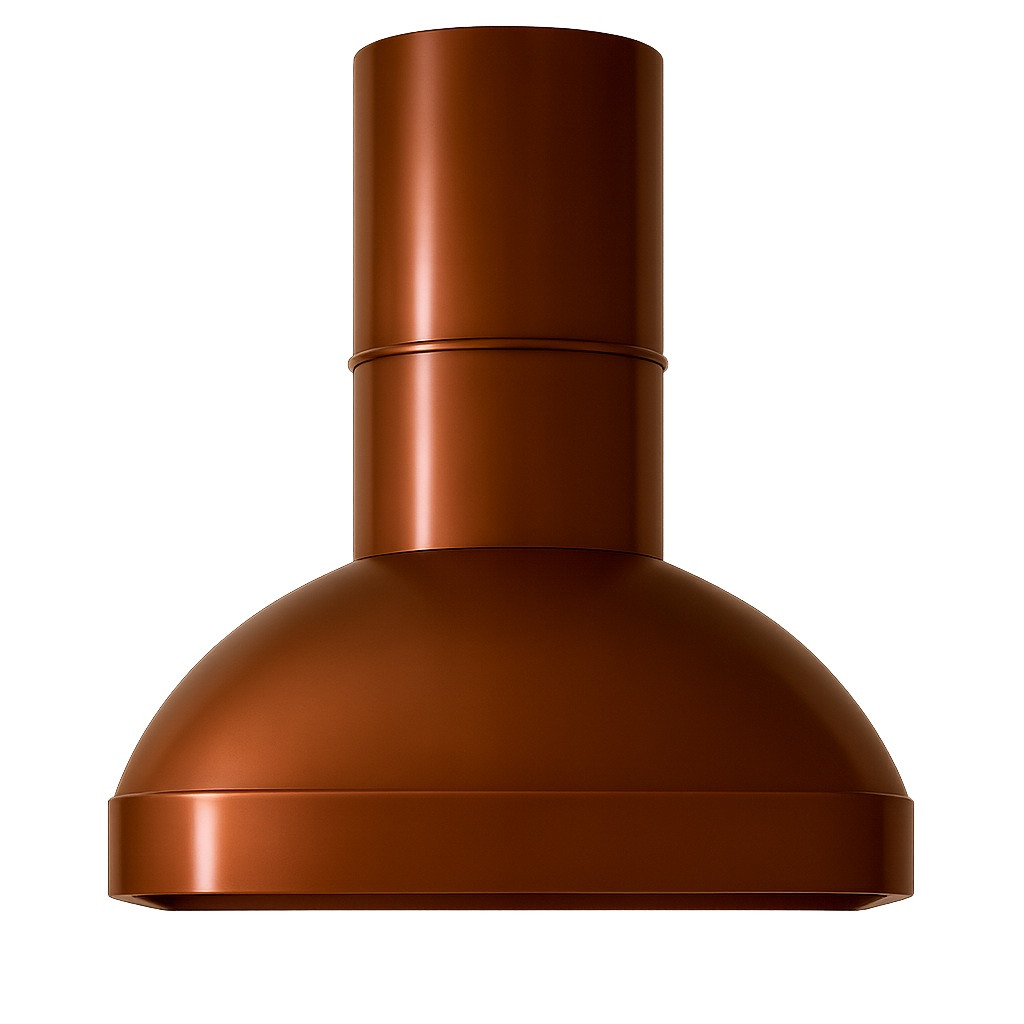 Minimalist copper range hood with round chimney front view on white background, smooth rounded canopy with cylindrical chimney 