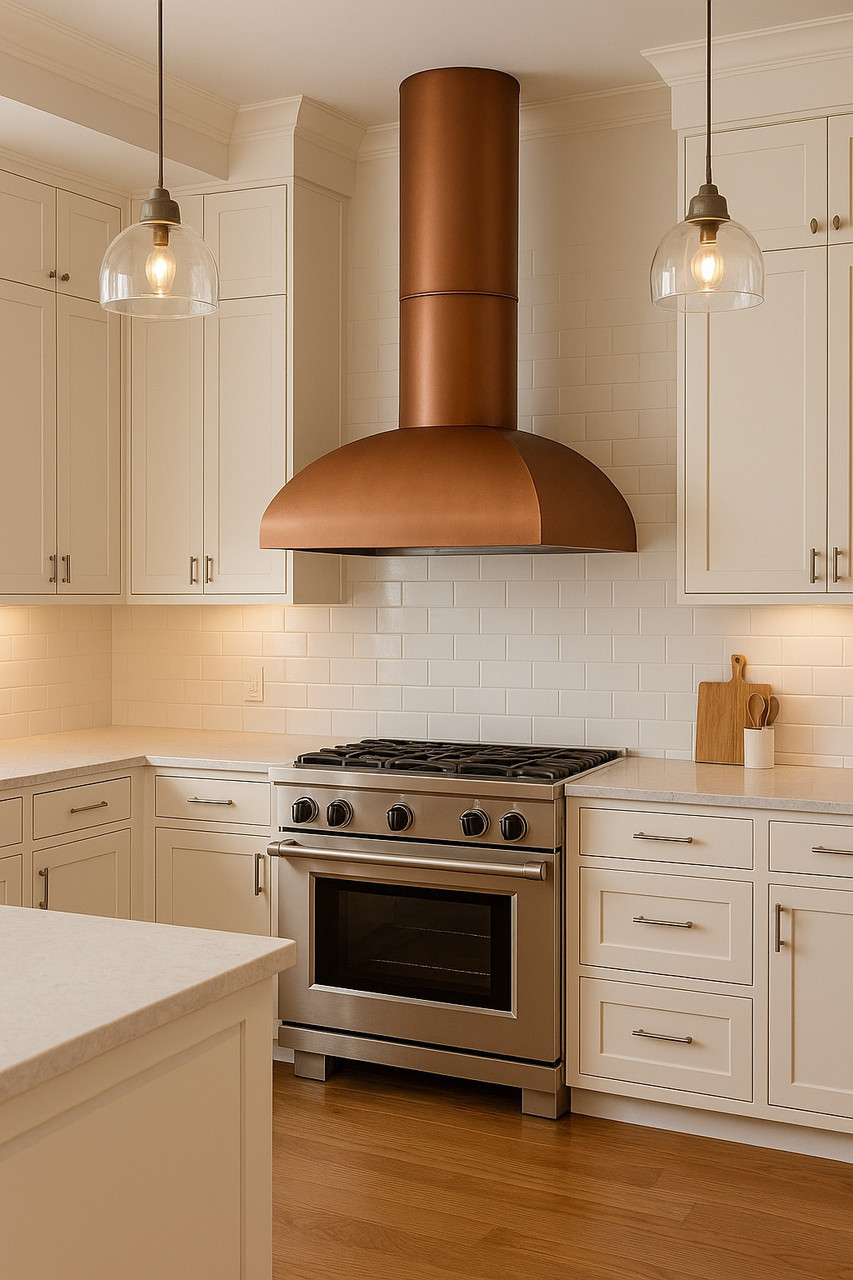 30 inch minimalist copper range hood with round chimney in transitional kitchen, hammered copper canopy above balanced cabinetry and refined stone surfaces