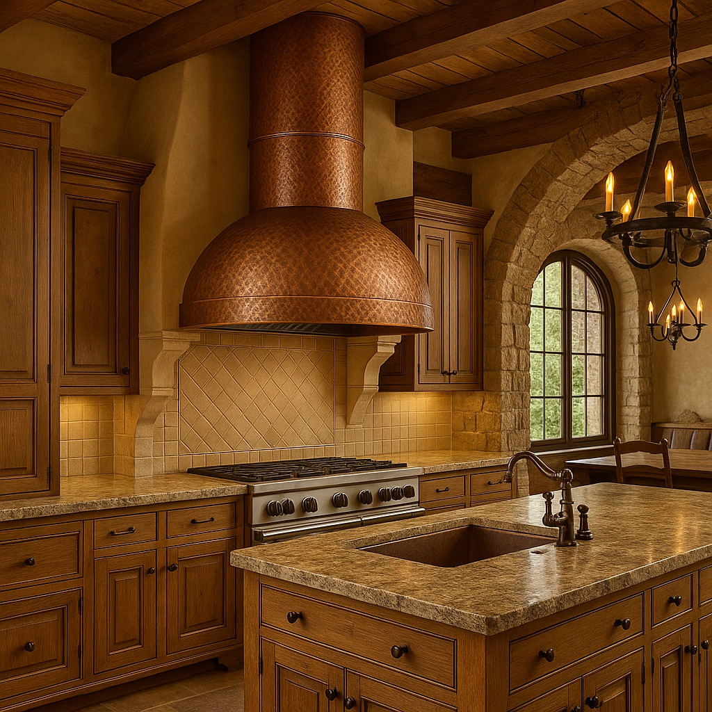 Minimalist copper range hood with round chimney in upscale rustic kitchen, hammered copper canopy above natural wood cabinetry, stone surfaces and exposed timber beams