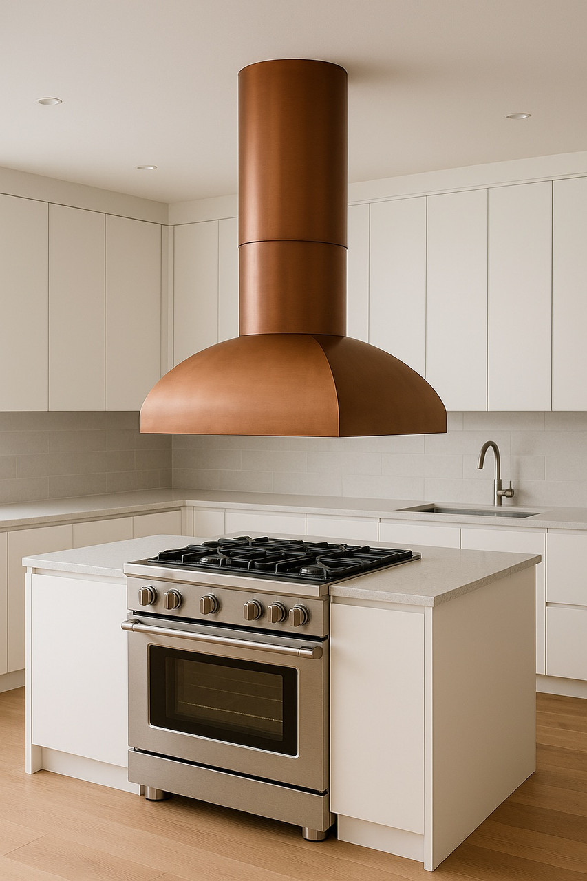 Minimalist island custom smooth copper range hood in a modern kitchen