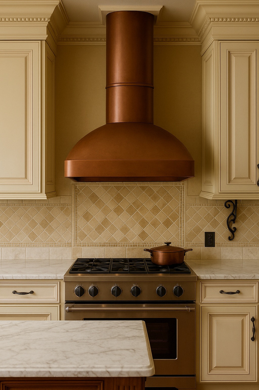 Minimalist smooth custom copper range hood in a traditional style kitchen
