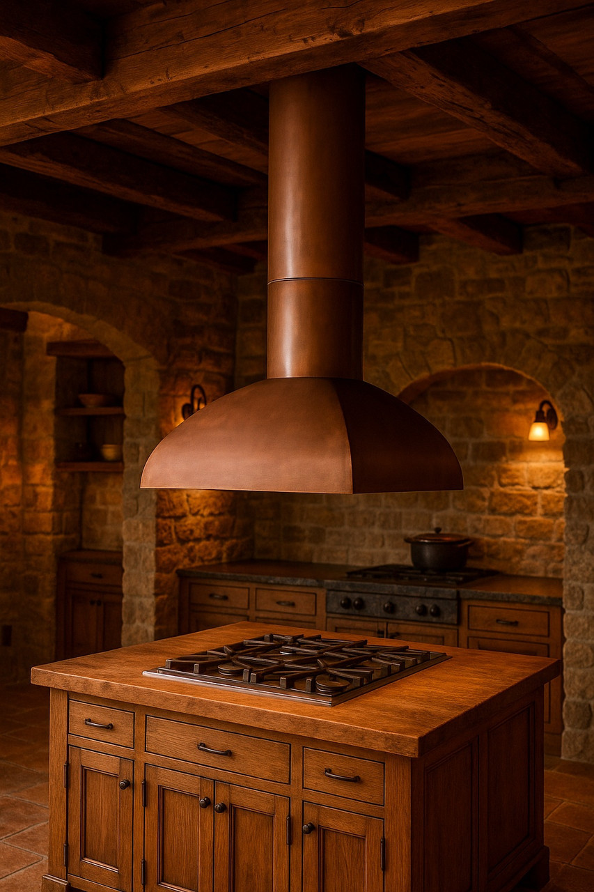 Minimalist 30inch wall mount custom copper range hood in a rustic kitchen