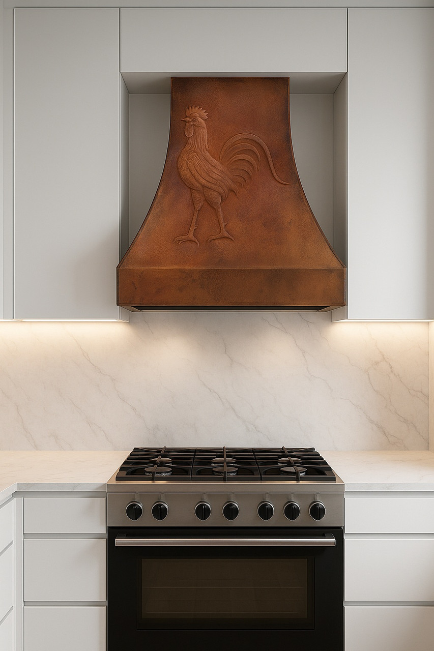 Rooster copper range hood in a modern kitchen with warm hammered finish and decorative apron motif