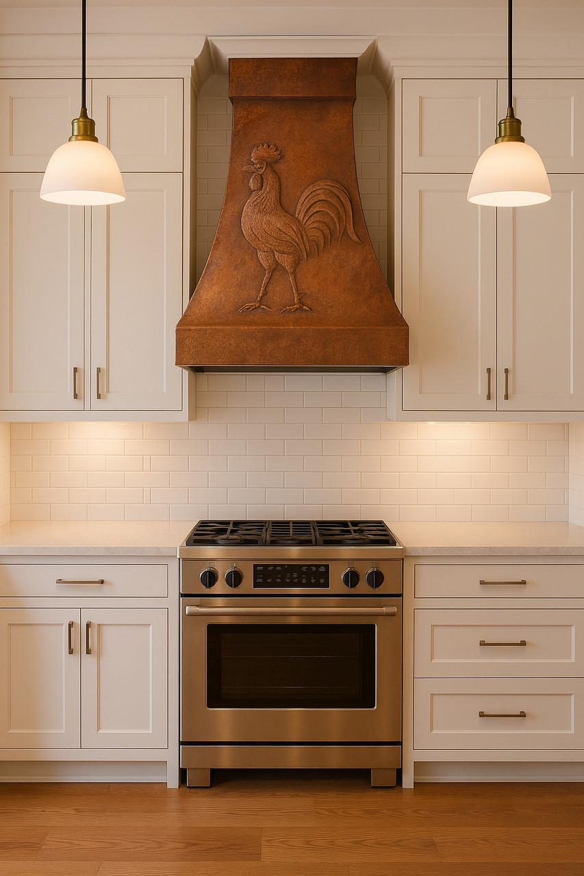 Rooster copper hood in a transitional kitchen with neutral cabinetry and warm artisan patina