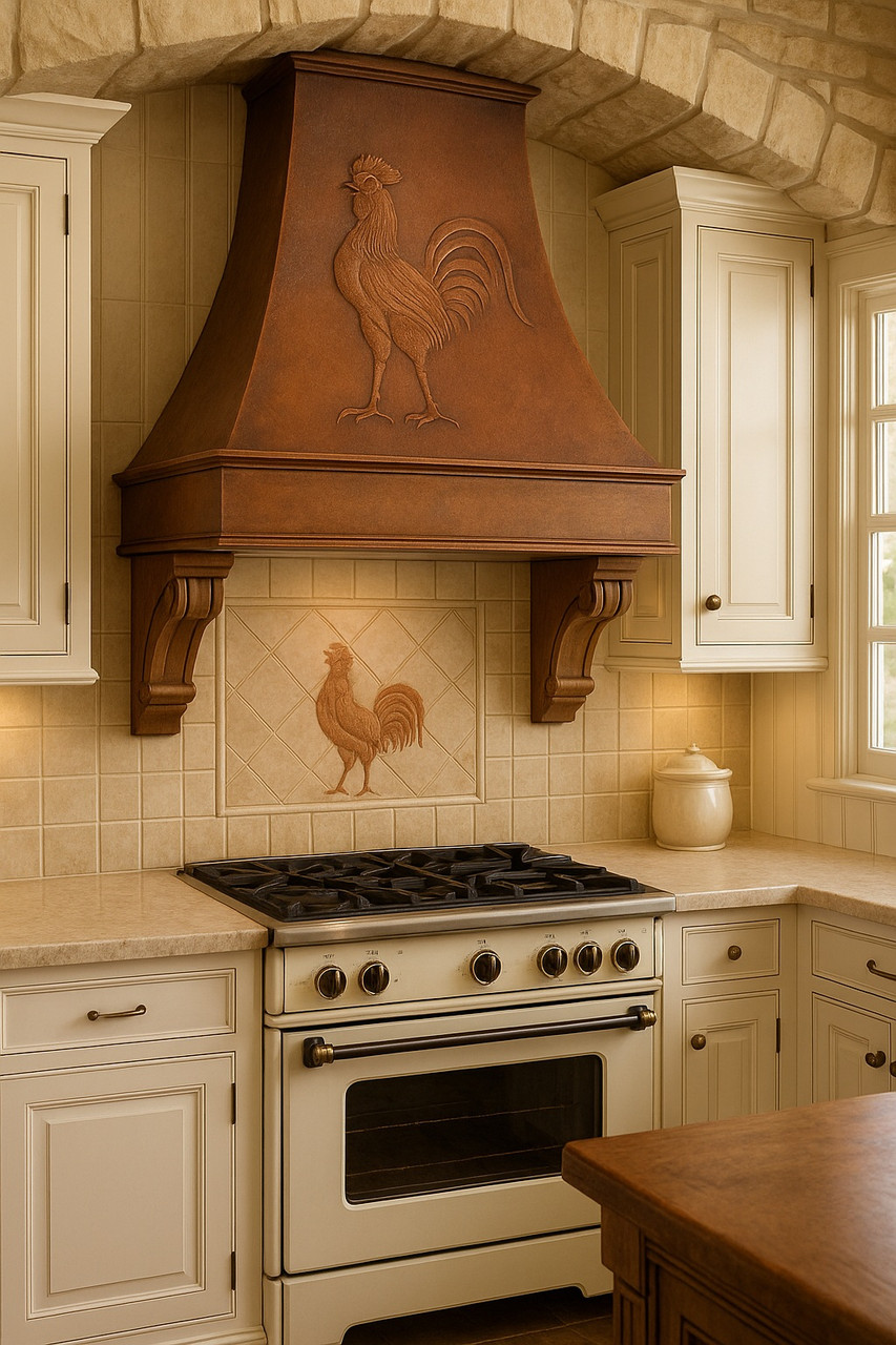 Traditional kitchen with rooster copper vent hood, classic cabinetry, and decorative copper apron