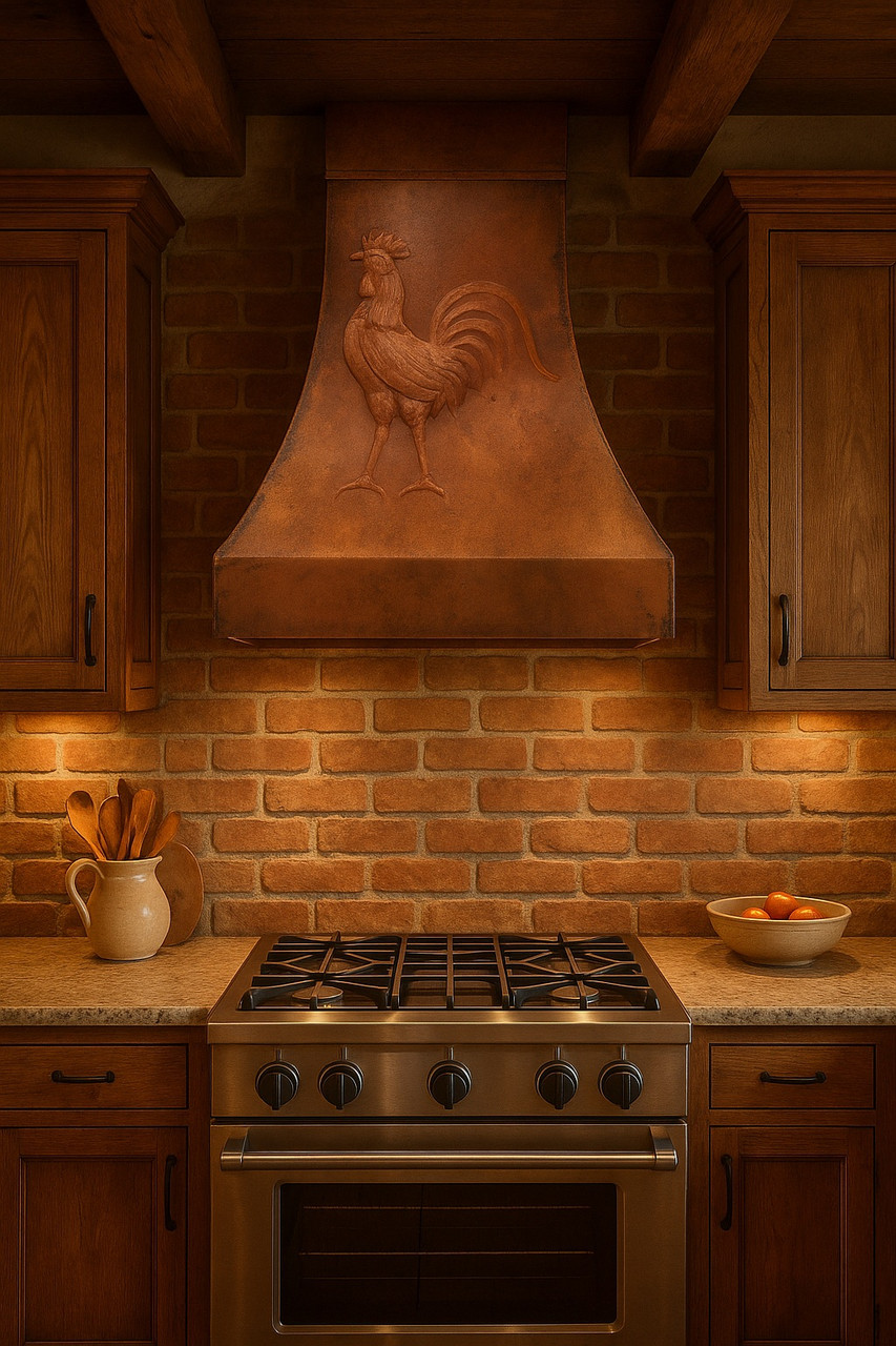 Rooster copper hood above a farmhouse range with hammered copper texture and rustic apron detail