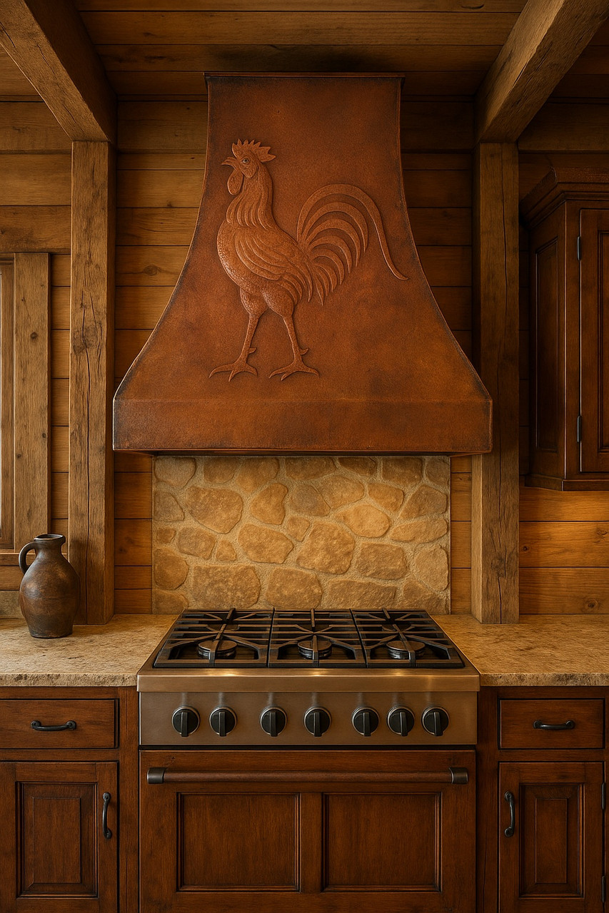 Rustic kitchen with rooster copper hood, stone backsplash, and warm hammered copper finish