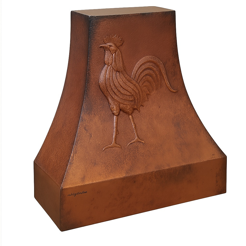 Copper vent hood with rooster motif detail view, decorative rooster apron with hammered copper texture and warm rustic patina