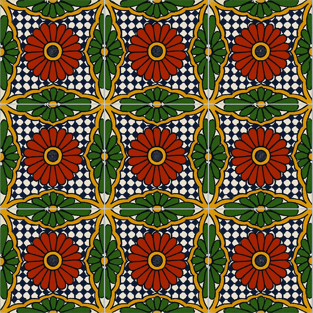 Red petal lattice talavera tile nine-tile layout showing full repeating pattern