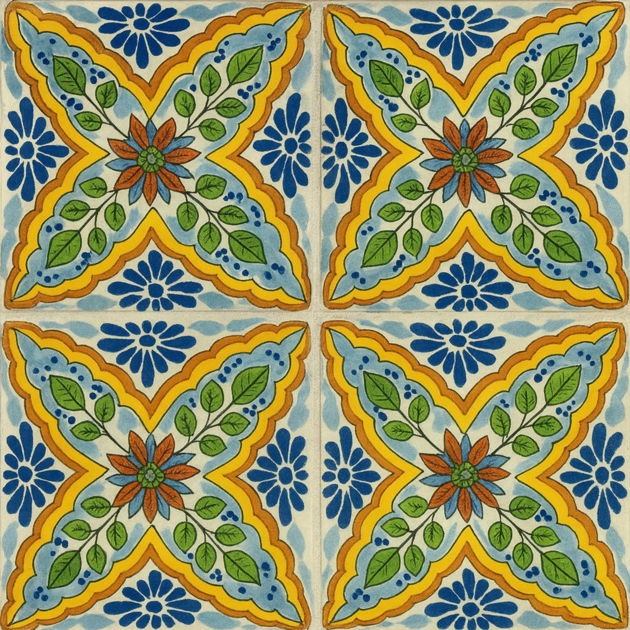 Talavera mexican tile with light blue floral cross shown in a 4-tile grid with clear light grout lines