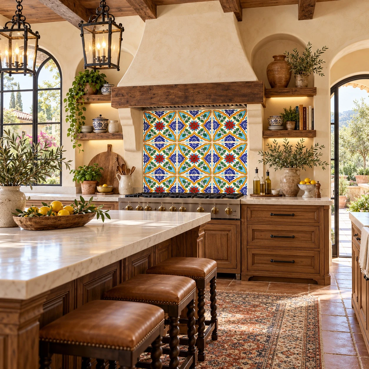 Talavera Mexican tile blue floral cross installed in a bright Spanish revival kitchen interior