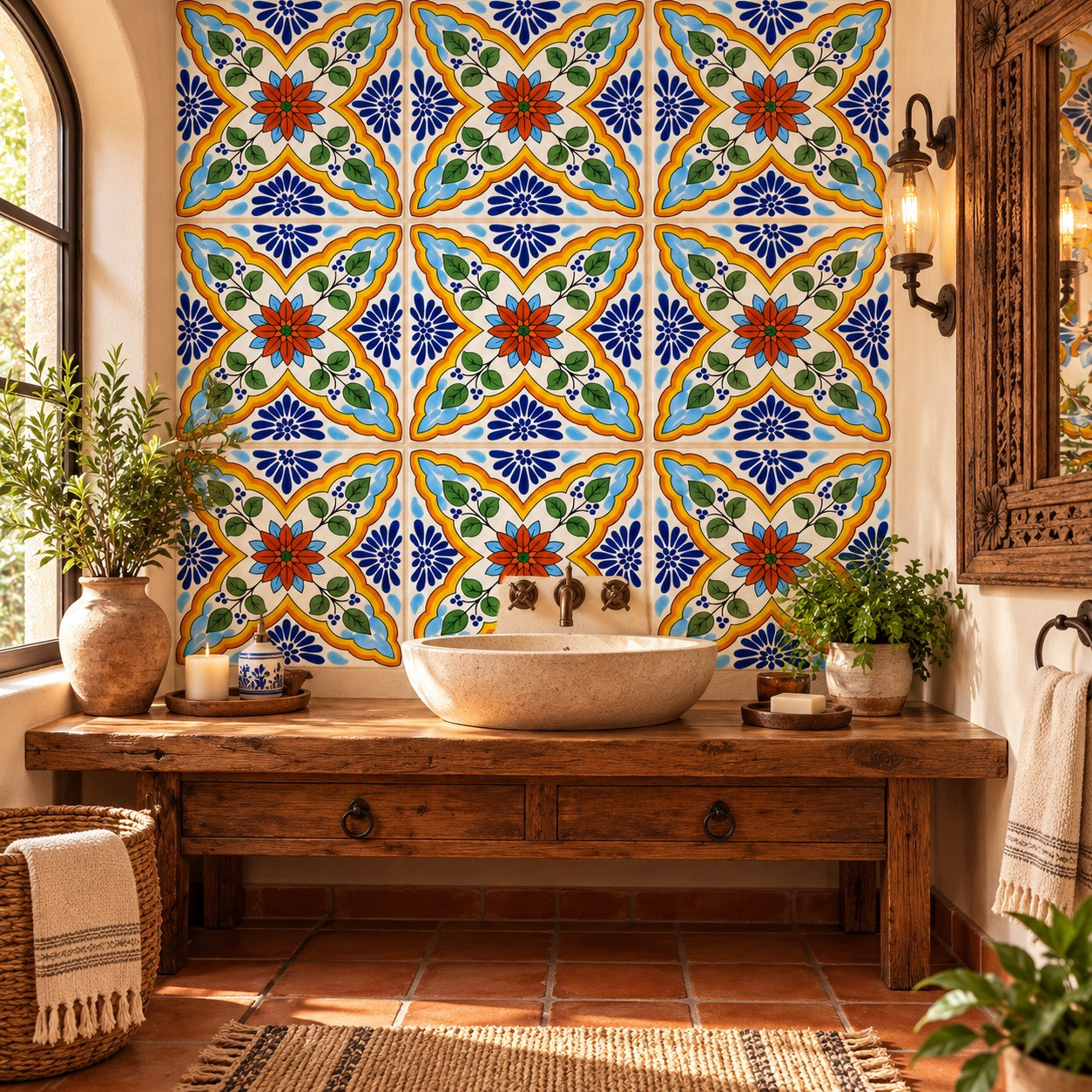 Talavera Mexican tile blue floral cross decorating a rustic bathroom wall with warm wood accents