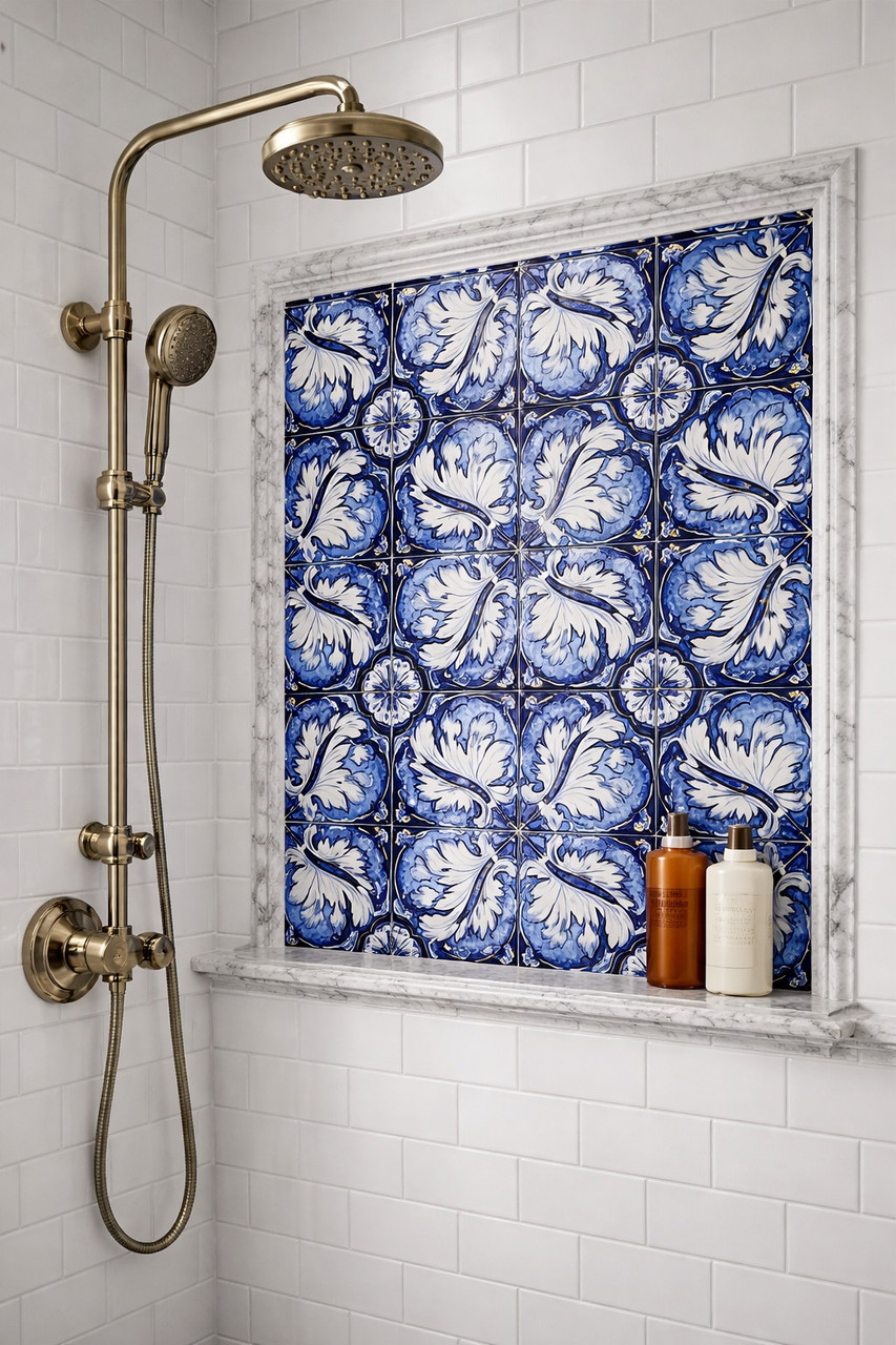 Talavera tile blue acanthus applied in a shower accent area highlighting symmetry and flow