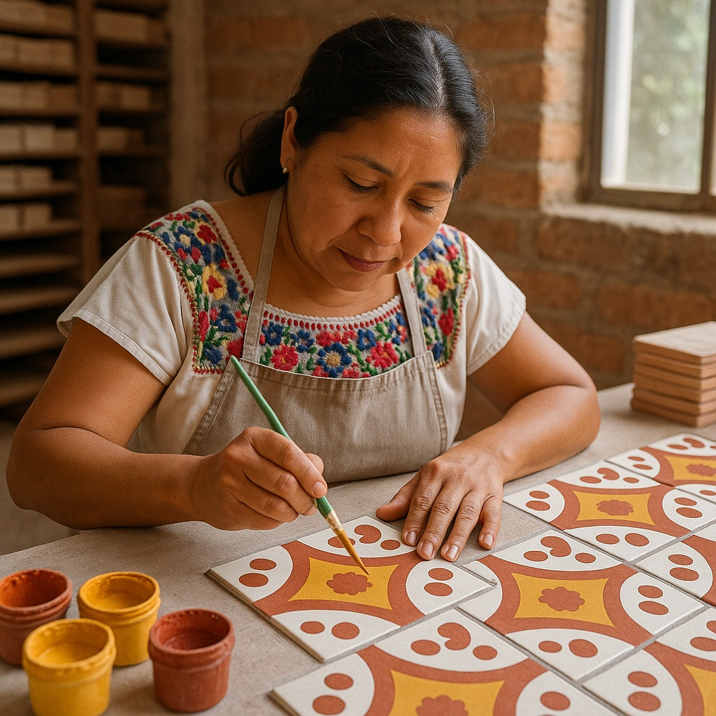 Terracotta Yellow Scroll Mexican Tile Handcrafted Talavera Style