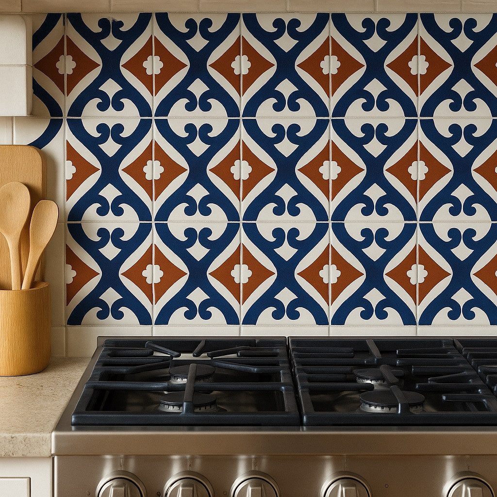 Mexican talavera tile terracotta cobalt diamond kitchen backsplash with 4x4 inch tiles in natural light