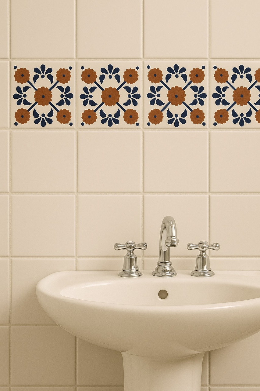 Talavera tile cobalt terracotta pattern bathroom accent wall featuring handcrafted Mexican elegance and depth