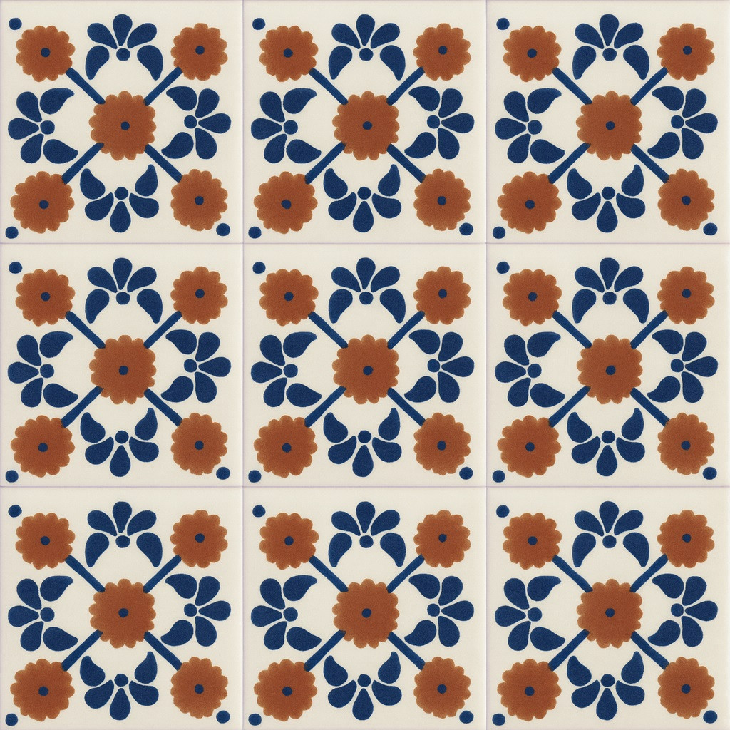 Talavera tile cobalt terracotta pattern nine-tile set showing full hand-painted geometric symmetry