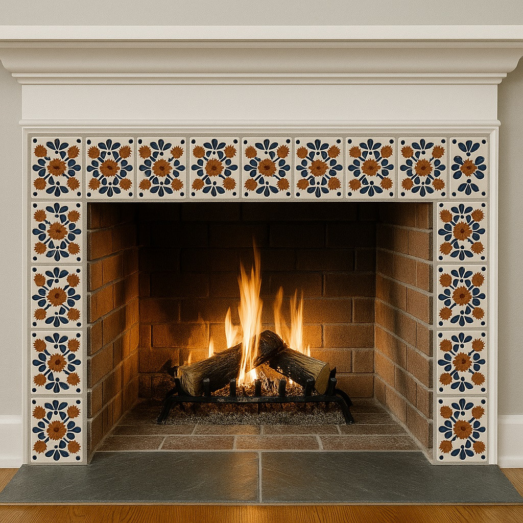 Talavera tile cobalt terracotta pattern fireplace surround enhancing interior space with colonial-inspired charm