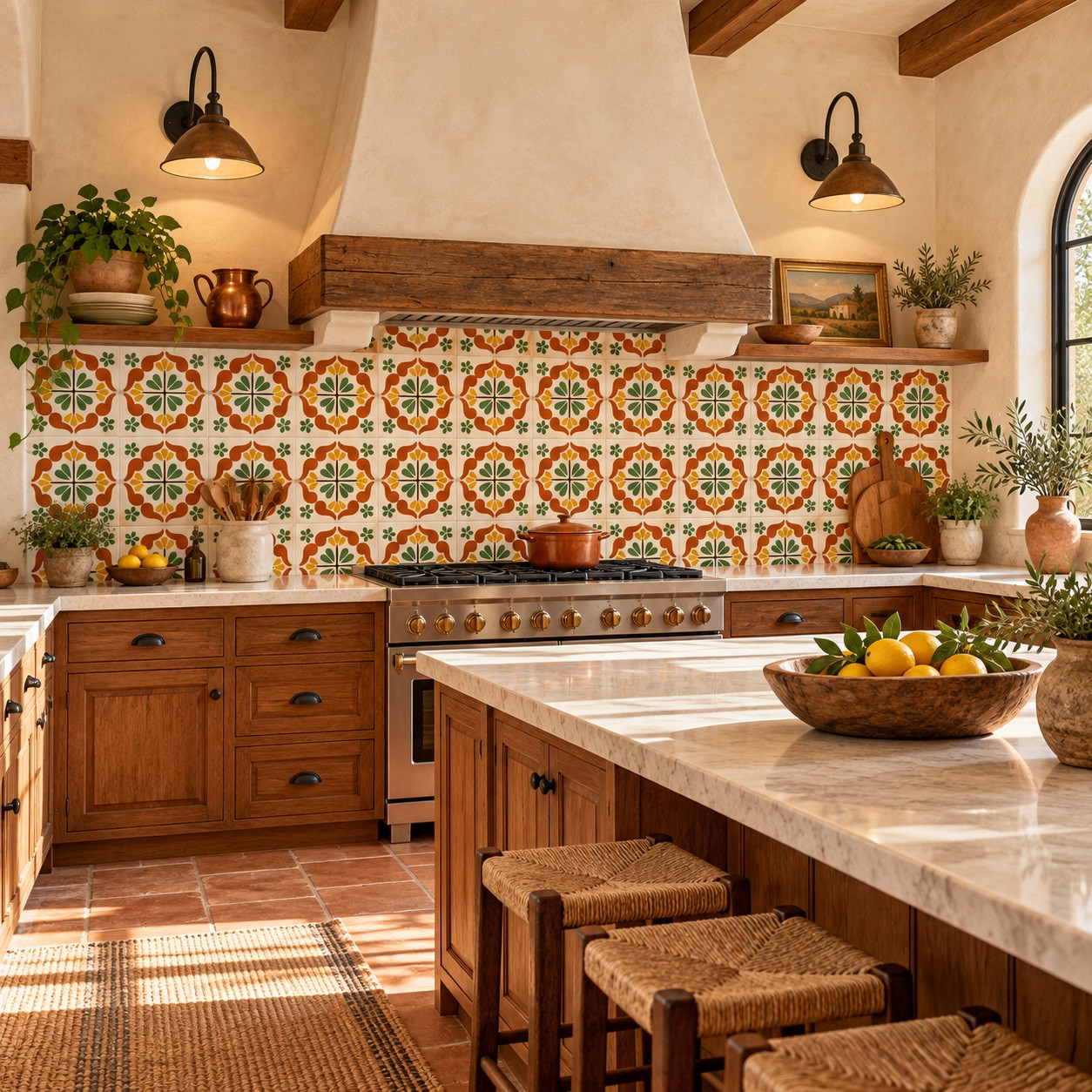 Mexican talavera tile green medallion in a Spanish Revival kitchen with plaster and wood.