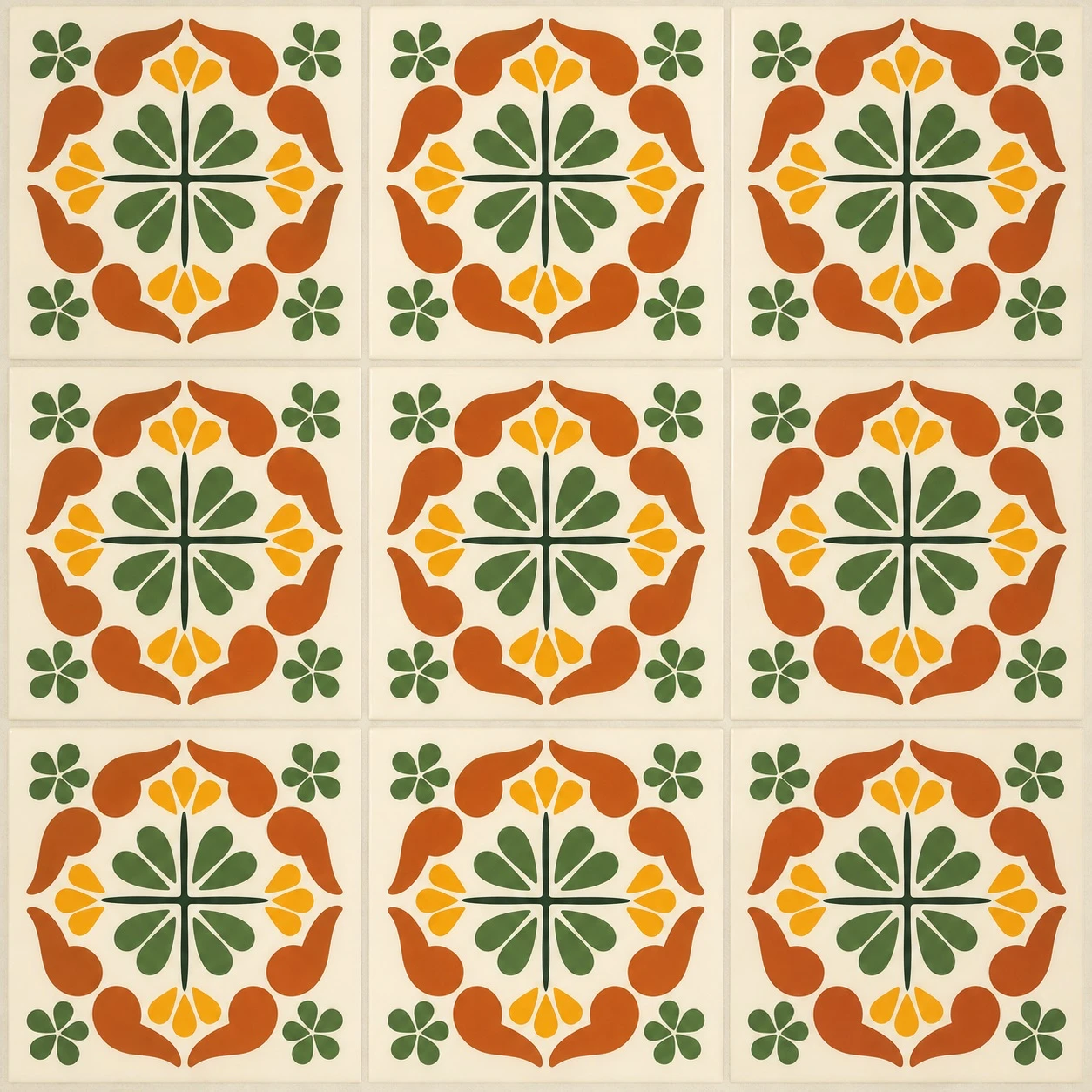 Mexican talavera tile green medallion shown in a 9-tile arrangement with light grout lines
