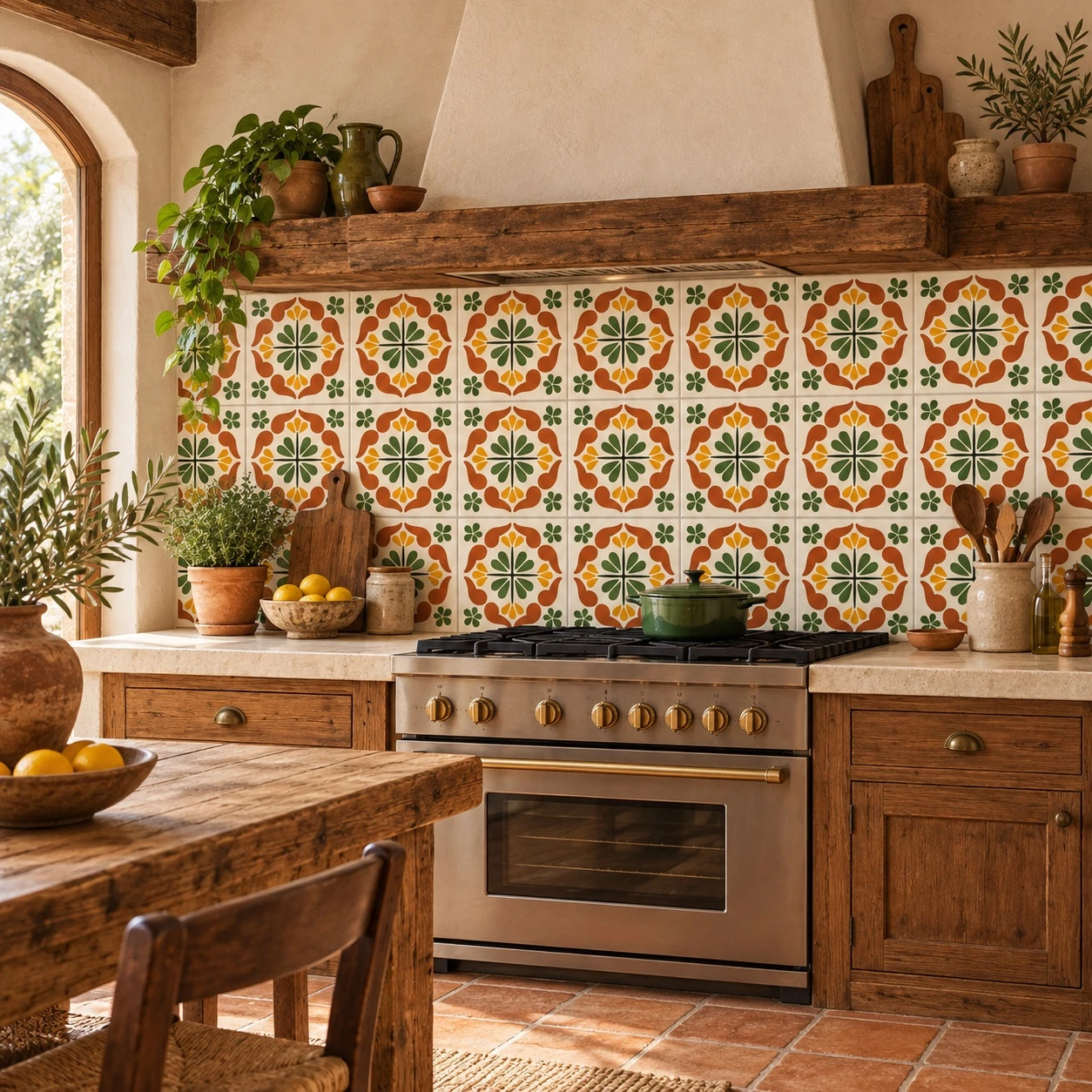 Mexican talavera tile green medallion in a rustic interior with warm handcrafted decor.
