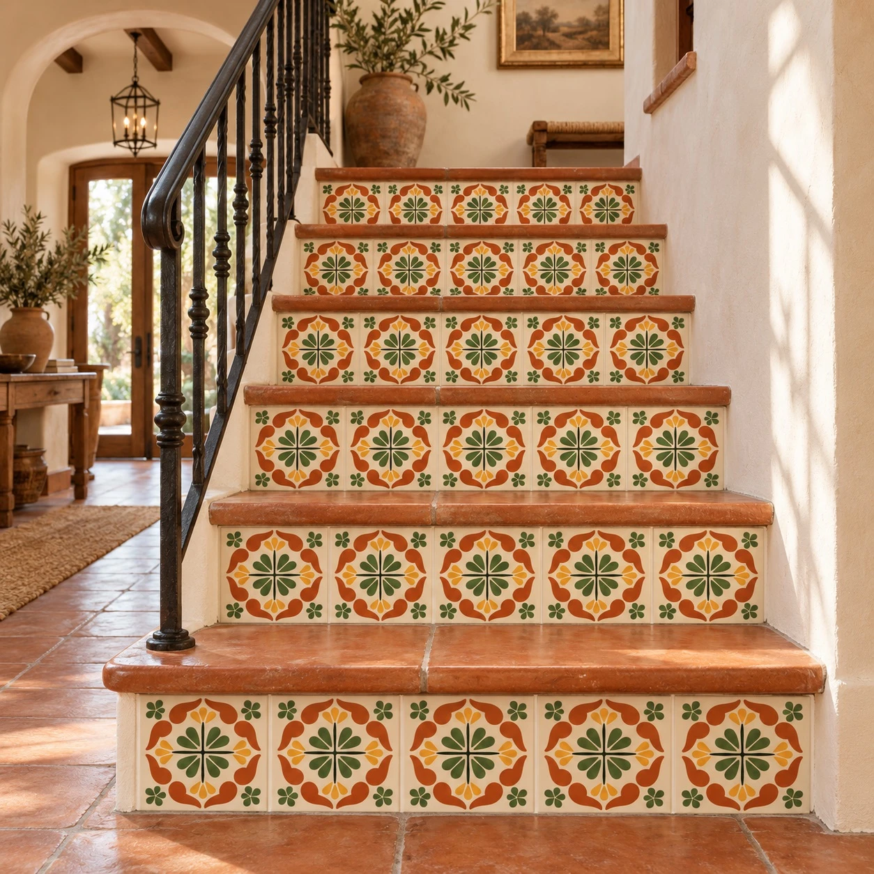 Mexican talavera tile green medallion decorating stair risers in a Spanish-style interior.