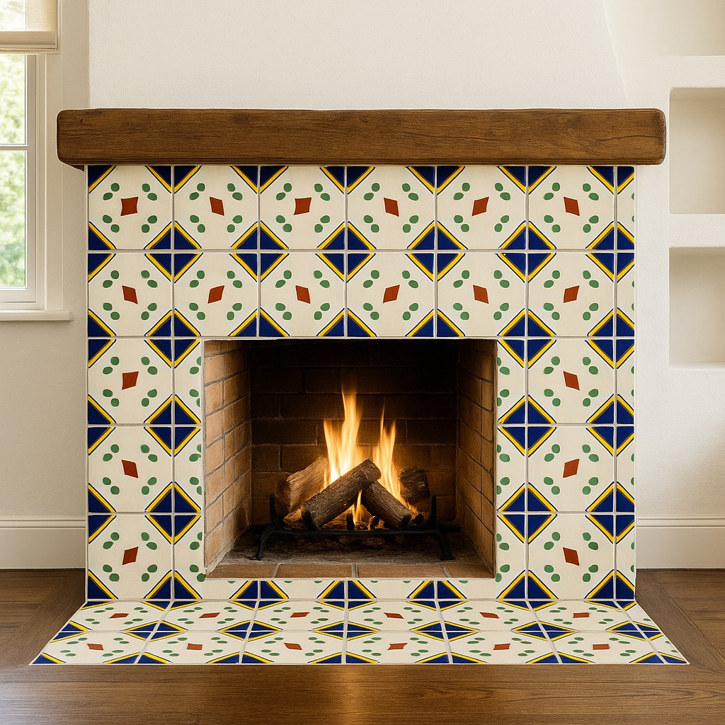 Mexican Talavera Tile with Geometric Leafy Ornament Design