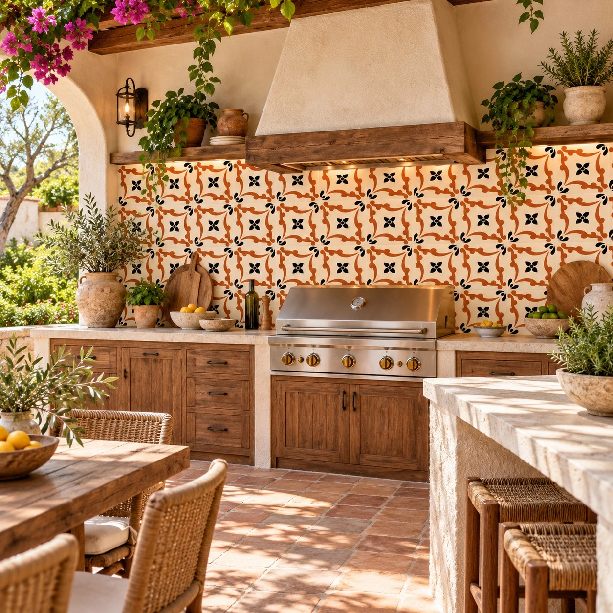 Terracotta border talavera Mexican tile in a garden kitchen with greenery and rustic finishes.