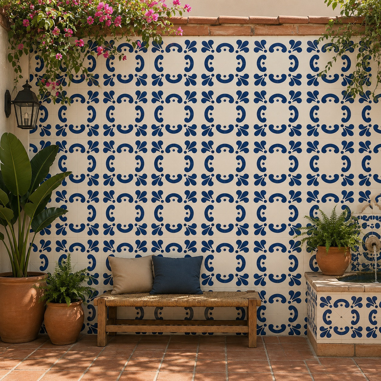 Cobalt curved flourish talavera tile decorating a patio wall in a vibrant outdoor living space