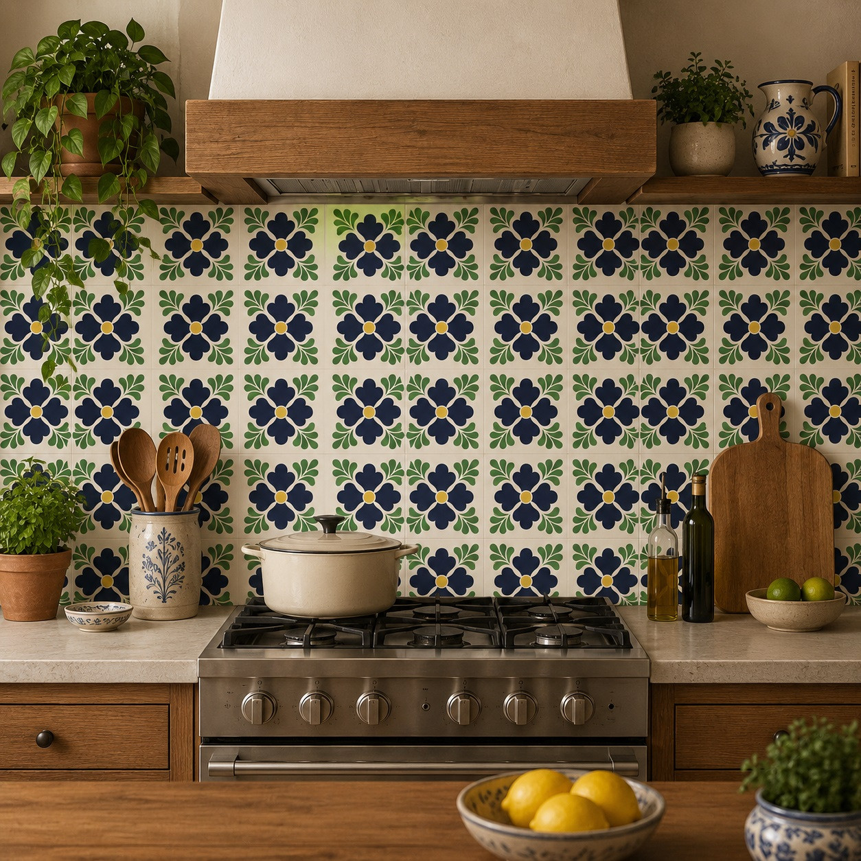 Mexican tile with dark floral Fans used as a 4x4-inch framed backsplash above a white countertop
