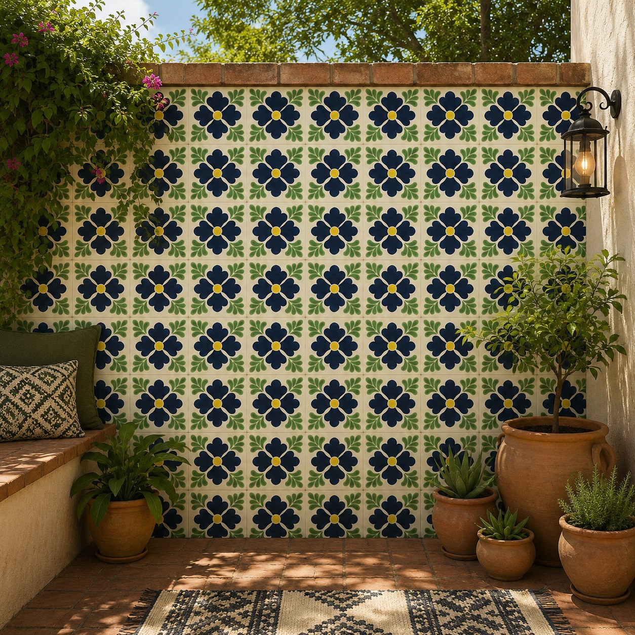 Mexican tile with dark floral fans installed on a courtyard wall surrounded by greenery and planters