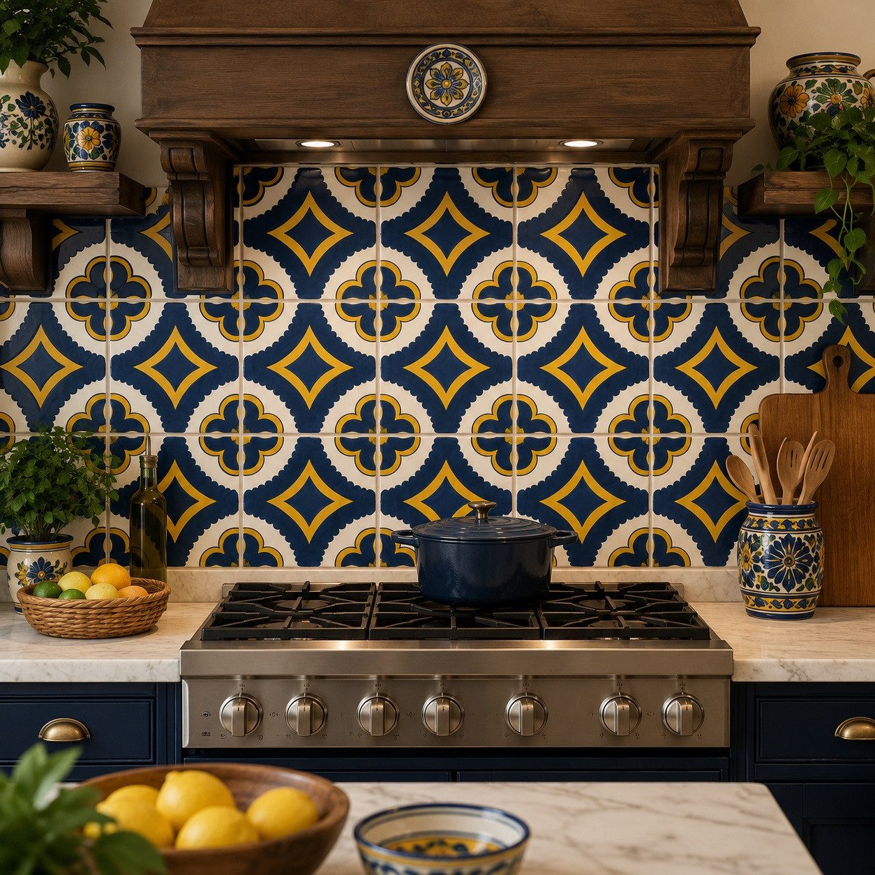Blue yellow diamond talavera tile used as backsplash in a bright mexican-style rustic kitchen
