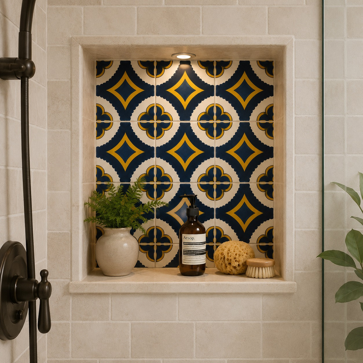 Blue yellow diamond talavera tile featured inside an arched bathroom niche with natural lighting