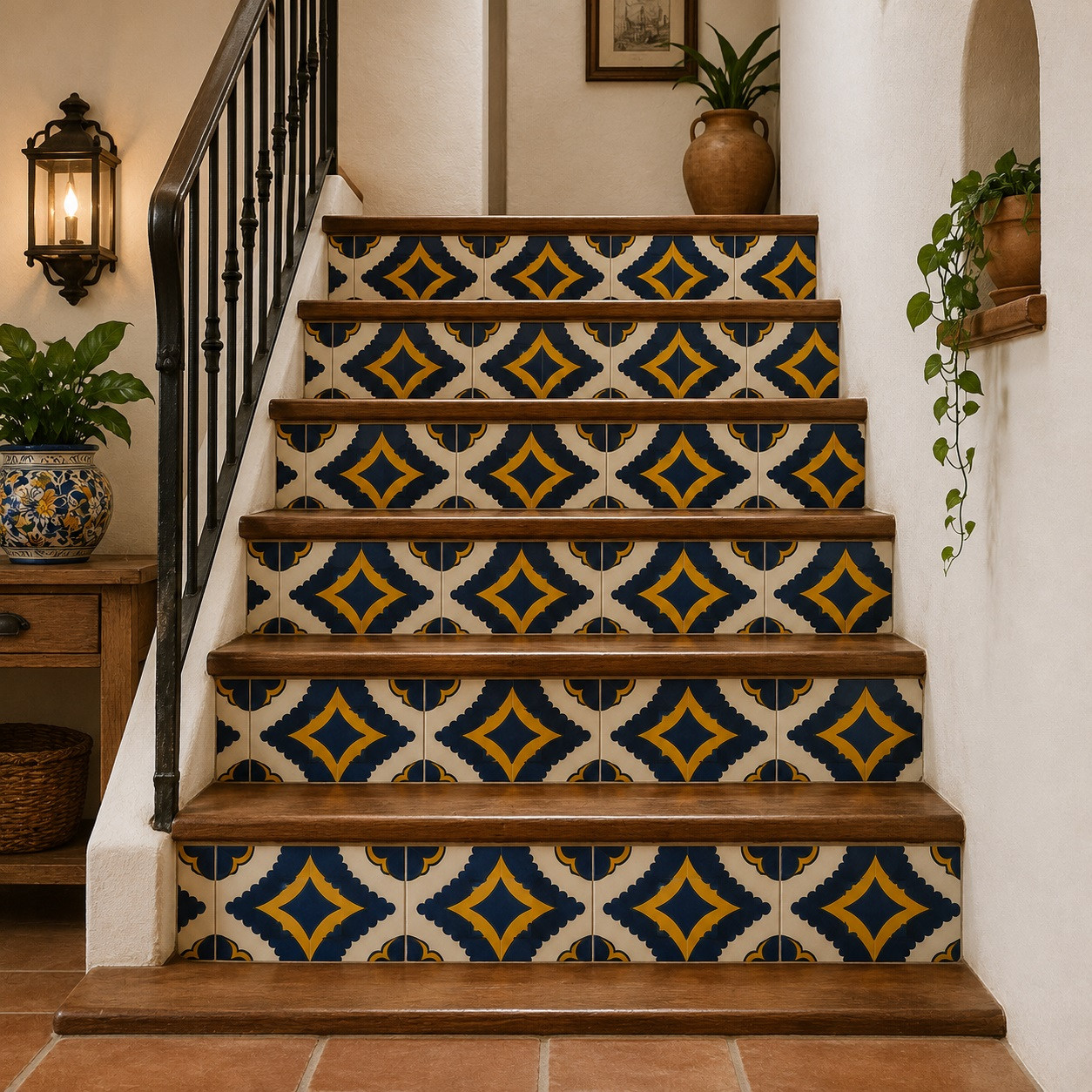 Blue yellow diamond talavera tile applied to a colonial stair riser in a warm hacienda interior