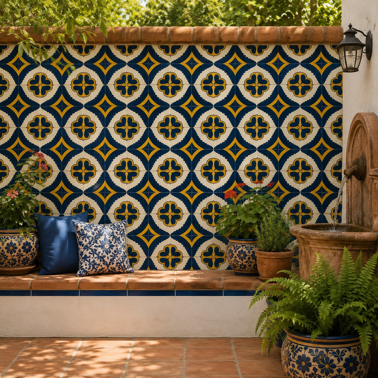 Blue yellow diamond talavera tile installed on a stucco patio wall beside clay pots and plants