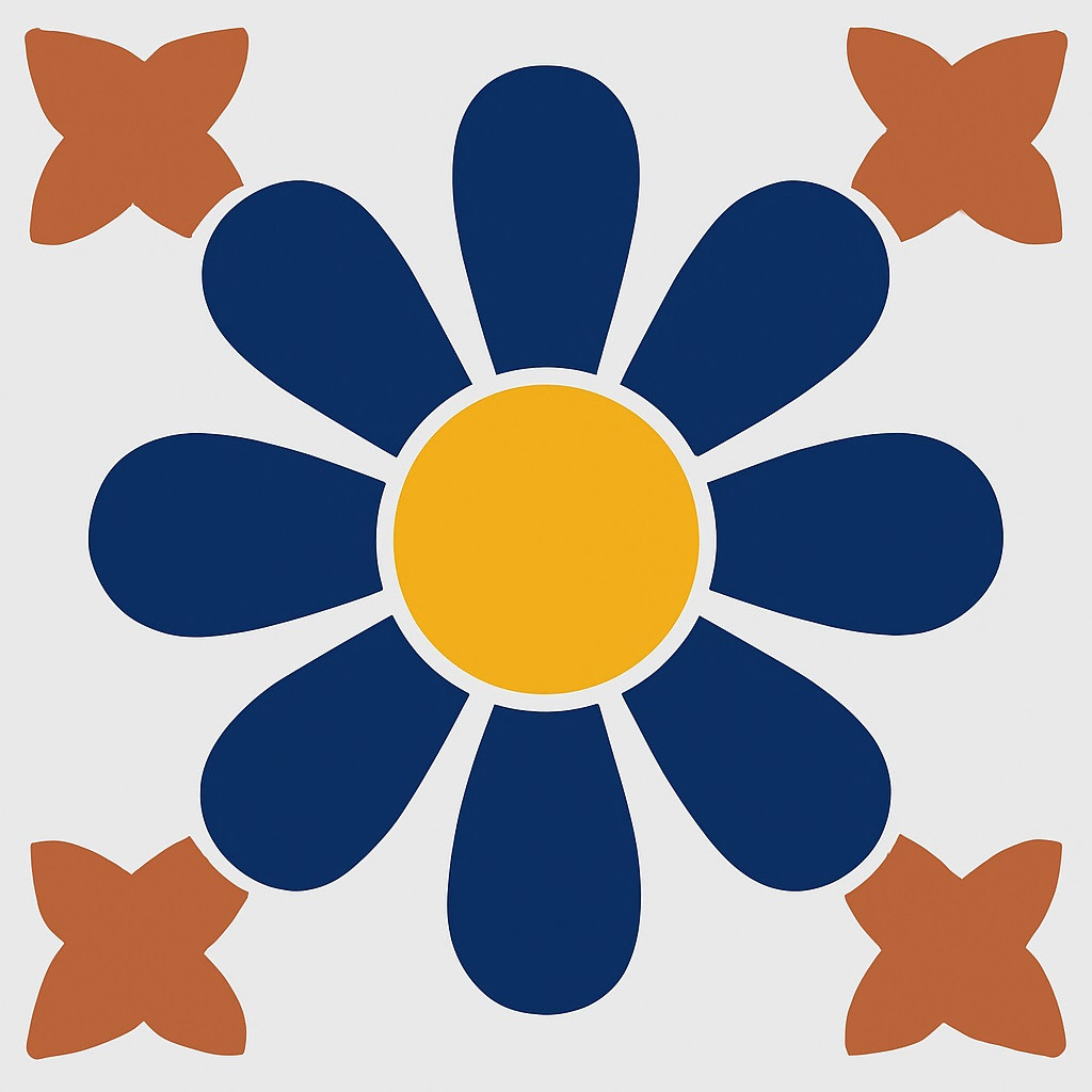 Navy daisy mexican tile shown in full view with floral terracotta corner motifs