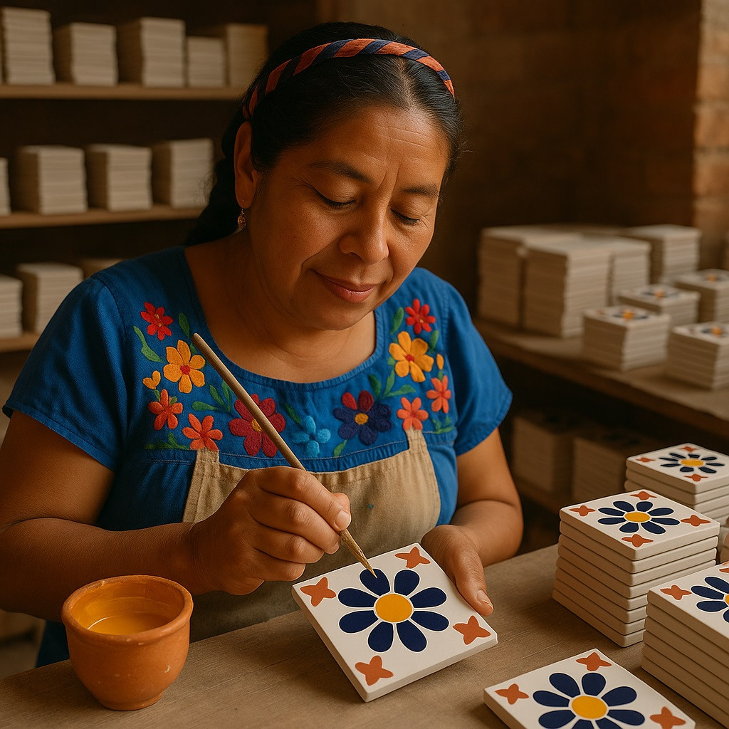 Navy Daisy Mexican Tile artisan workshop painting