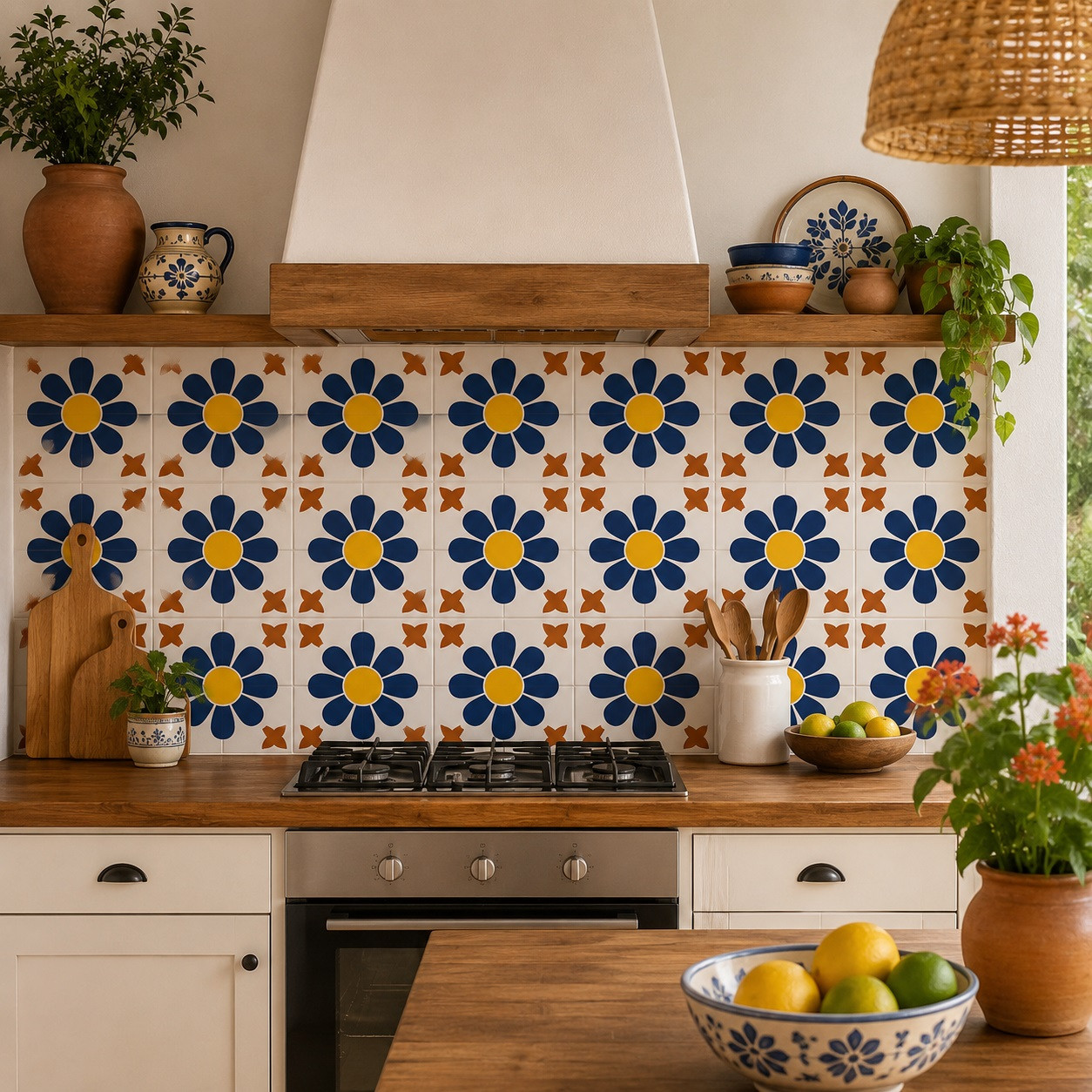 Navy daisy mexican tile featured on a rustic kitchen backsplash with natural lighting