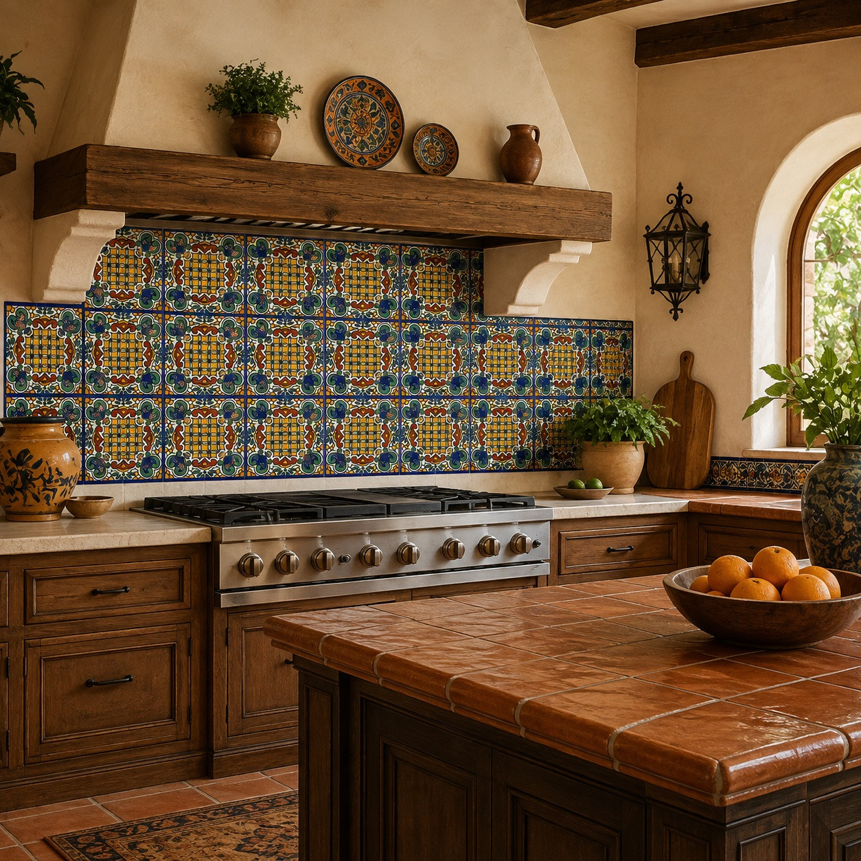 Mexican talavera tile with yellow grid floral pattern displayed across a Spanish Revival kitchen backsplash.