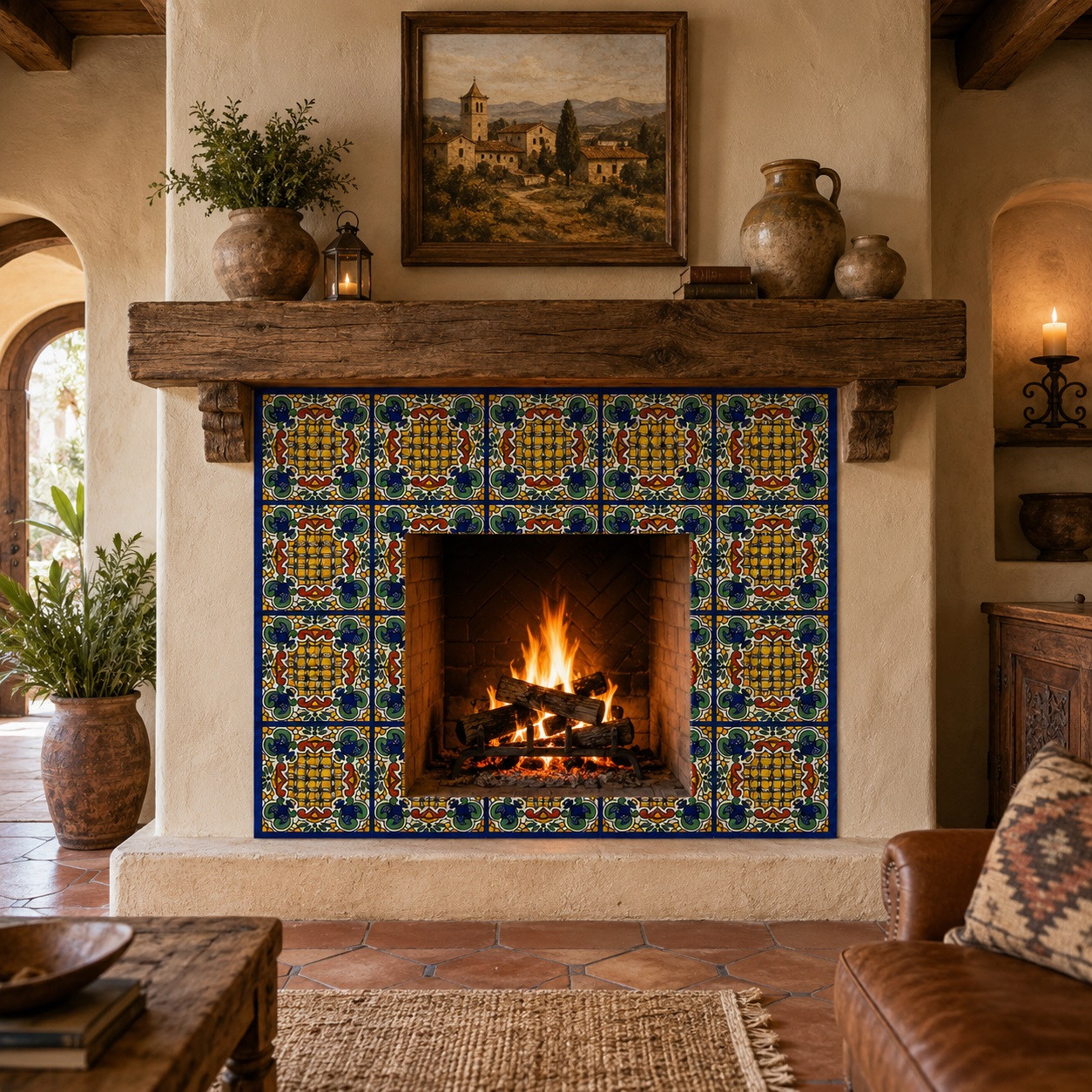 Mexican talavera tile with yellow grid floral pattern framing a rustic fireplace with bold handcrafted detail.