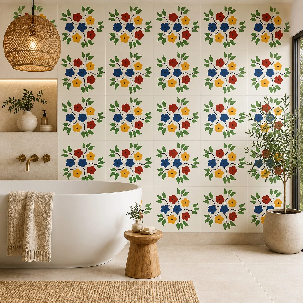 Floral spiral mexican talavera tile installed on a bathroom wall with natural light and clay accents