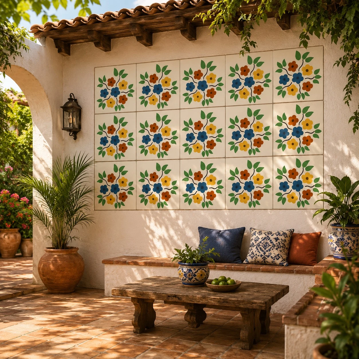 Floral spiral mexican talavera tile decorating a sunlit patio wall in a traditional hacienda-style courtyard