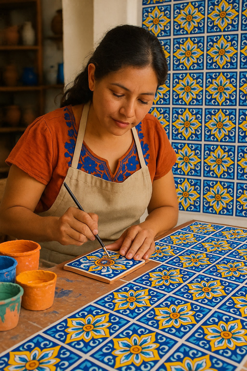 Blue Scroll Talavera Tile artisan workshop
