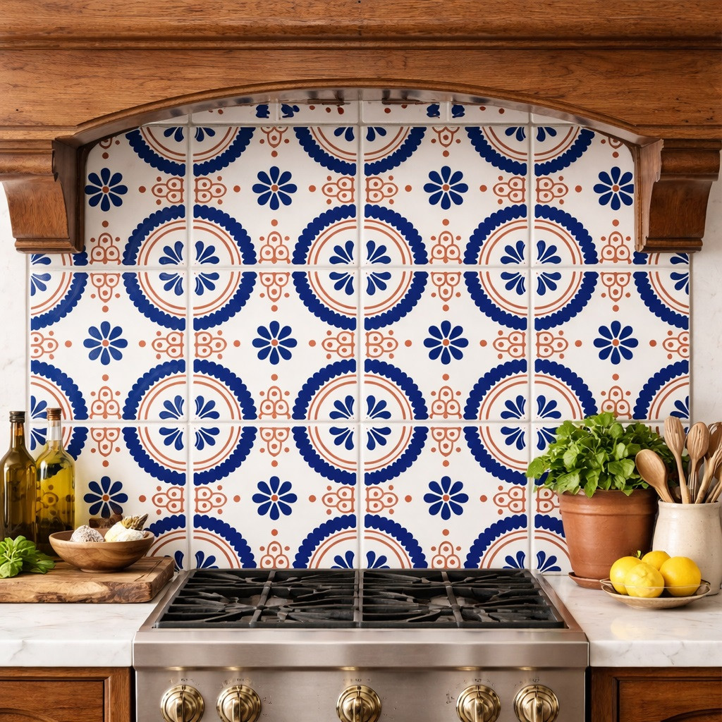 Blue talavera floral medallion tile installed as kitchen backsplash in Spanish Colonial design